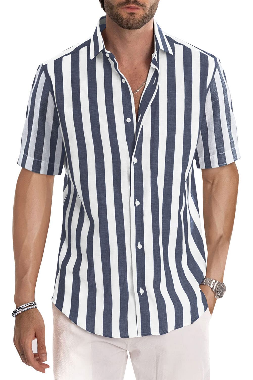 NOUKOWMen's Casual Short Sleeve Cotton Shirts, Stylish Button-Up Striped Dress Shirts