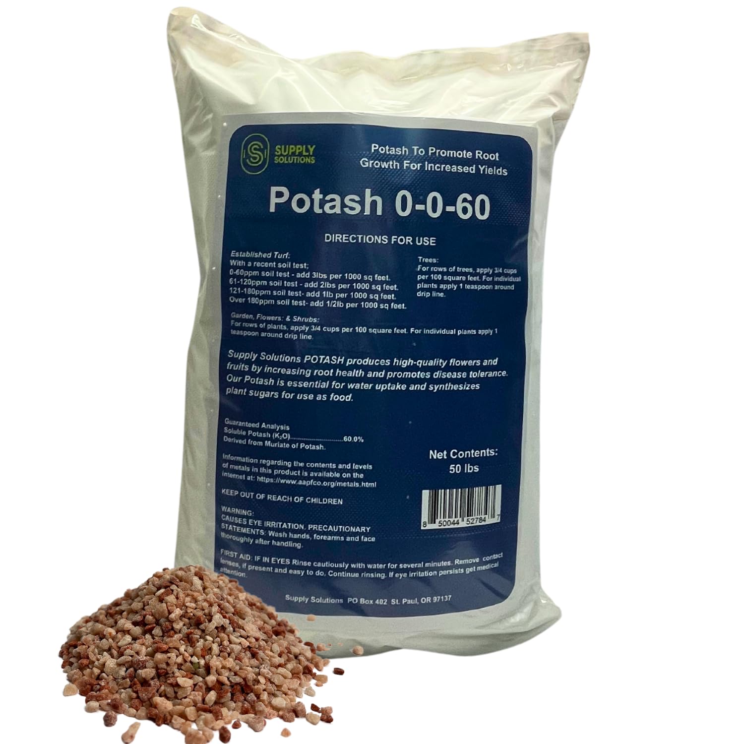 Supply Solutions Muriate of Potash 0-0-60 Fertilizer, High Potassium Fertilizer, Potassium for Plants, Ideal Plant Food & Potash for Plants - for Lush Crops, Blooms, Acidic Plants (50lbs)