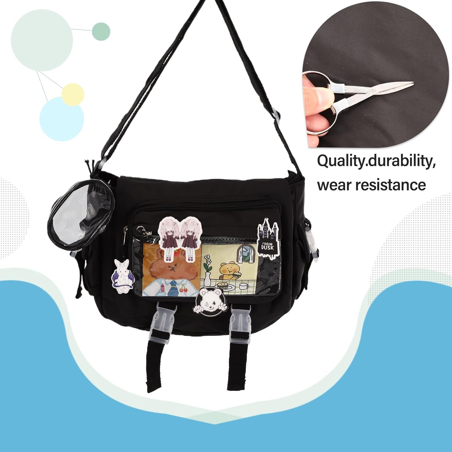 Kawaii Crossbody Ita Bag Transparent Canvas Bags With Anime Badge Display Window Japanese Cute Messenger Bag Y2K Shoulder Backpack Suitable for Women (Black) - Image 5