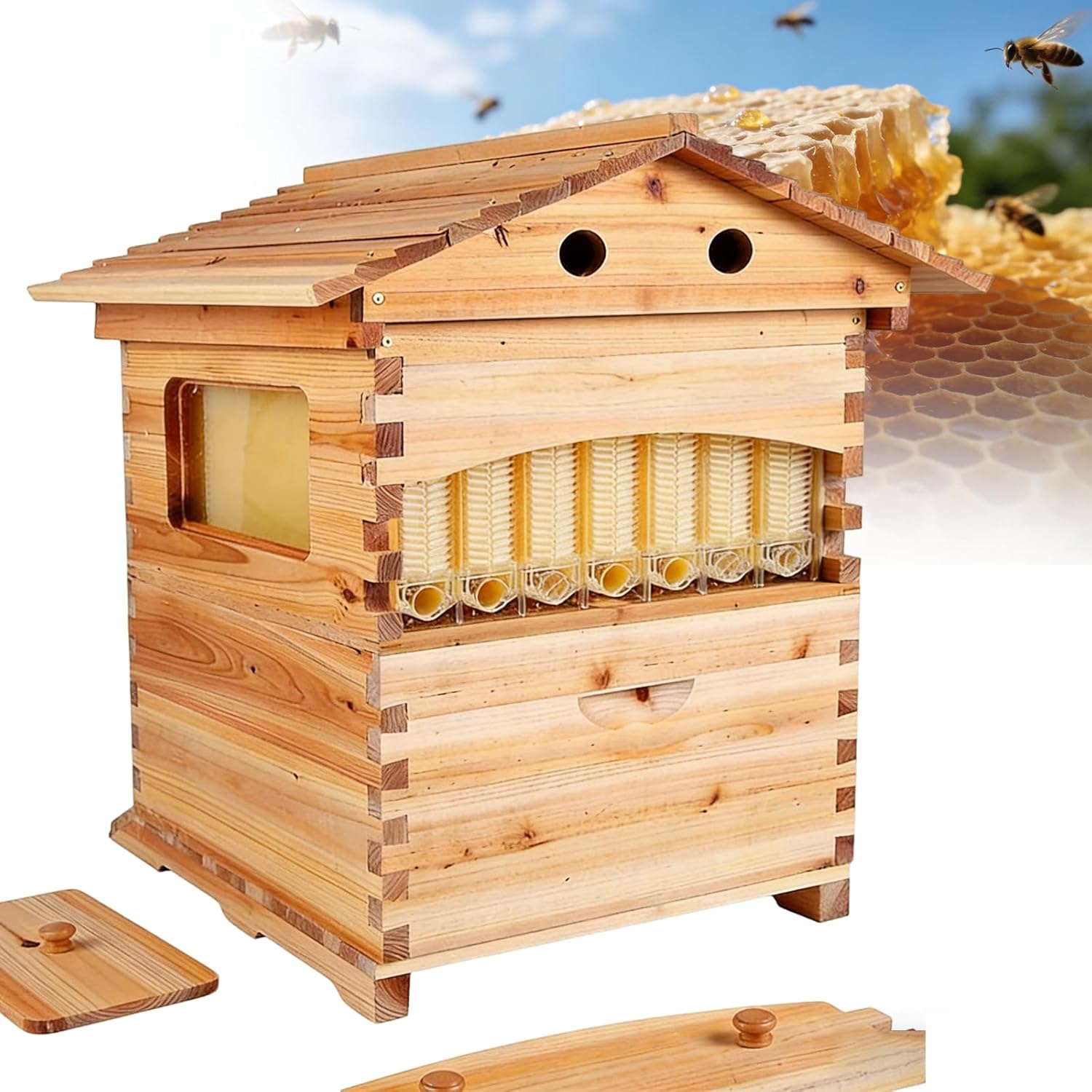 Small Beehive Starter Kit, Compact Self Flow Honey Beehive Box with Matching Bee Frames and Honeycomb Trays, Lightweight Beekeeping Tool for Family Garden Pollination