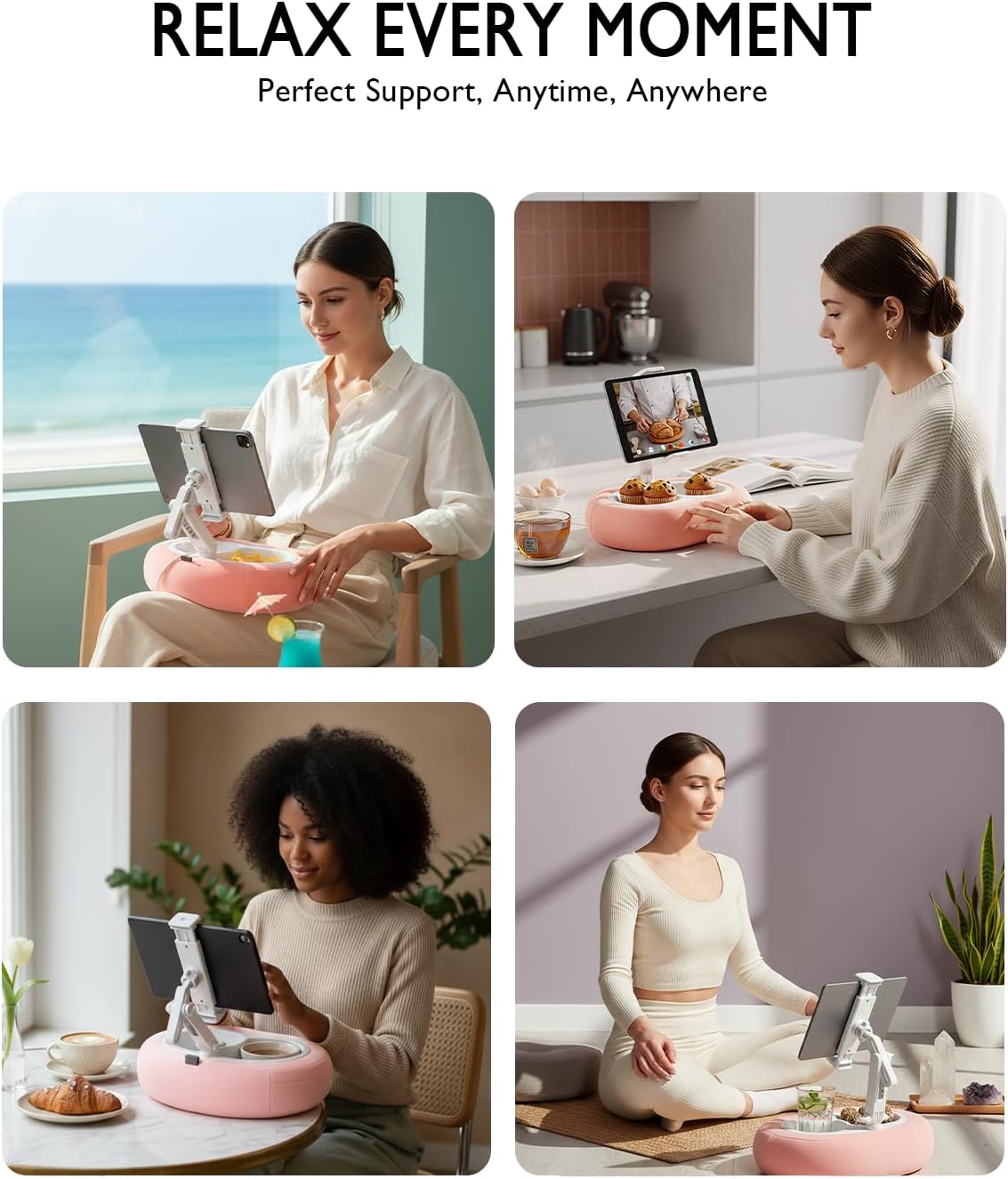 Tablet Pillow Stand, Compatible with 5"-12.9" Kindle, iPad, Phone/Tablet, Google, Samsung, 360° Rotating Phone Holder for Bed, Soft Plush Fabric, Detachable Bowl, Reading and Relaxation on Bed, Pink - Image 4