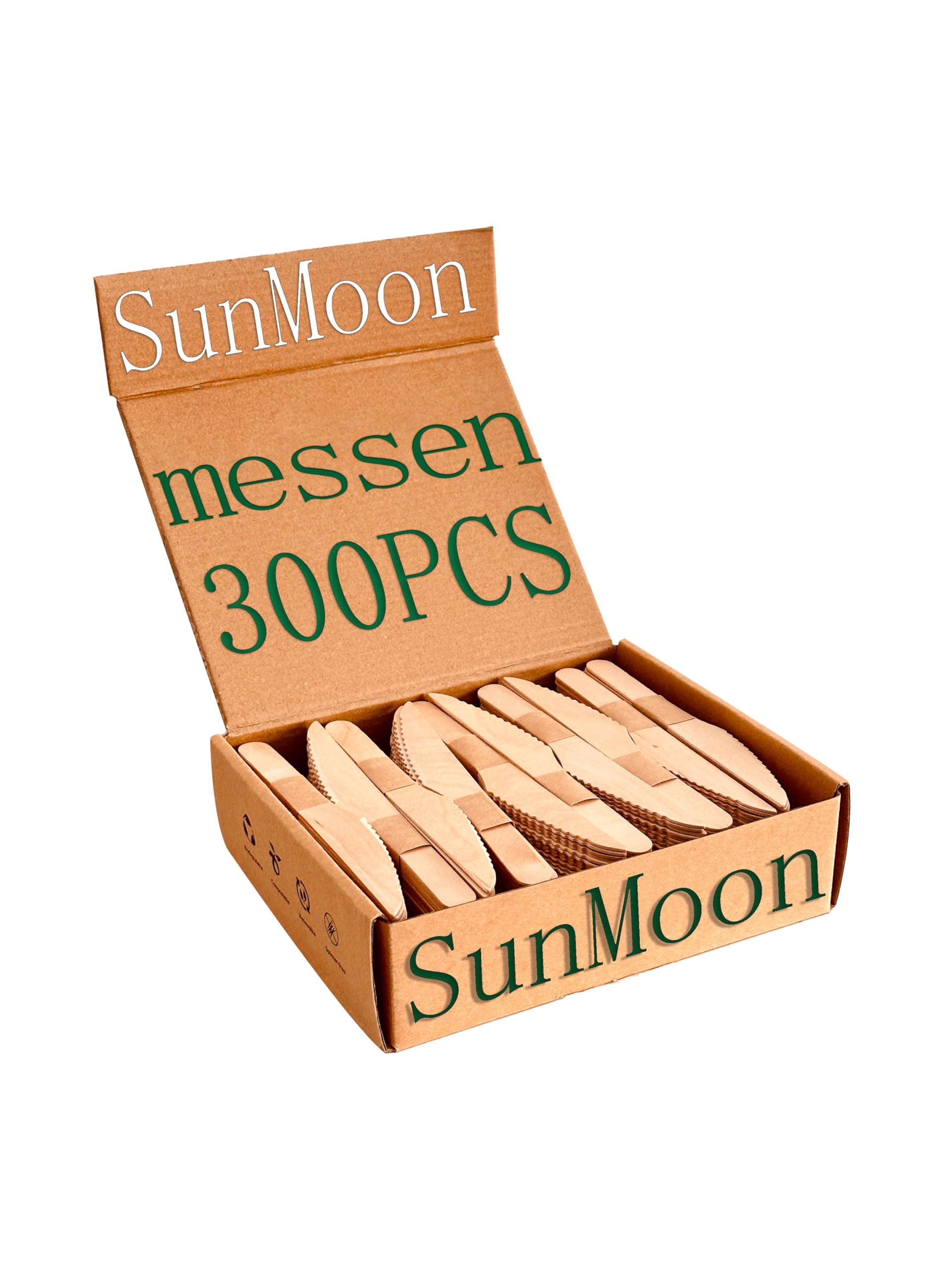 Cuchillos desechables de madera SunMoon con embalaje sin plástico, 300 unidades