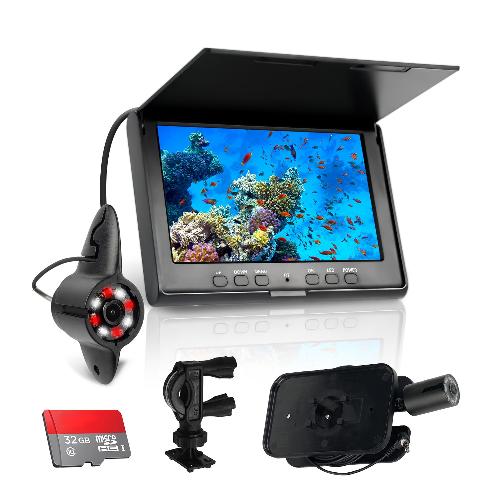Cámara Submarina para Pesca 7 Pulgadas 720P HD, 4 Luces IR Nocturnas, 110° Vista Gran Angular, Monitor a Color IP68, Cable de 20m, Ideal para Pesca en Hielo/Nocturna, Incluye Tarjeta 32GB