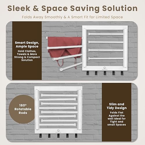 Miniatura 3 de Estante de secado de bambú para montaje en pared para lavandería, secadora de ropa plegable con 8 brazos y 5 ganchos, ahorro de espacio, 20