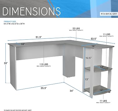 Techni Mobili L Shaped Desk - Modern Computer Desk with Corner Bookshelf & Side Storage Shelves for Home Office Accessories - Elegant, Space-Saving, Minimalist Executive Table | 51.5 Inch modern L‑shaped desk with storage shelves, sturdy frame, versatile corner workstation for home office setups, grey