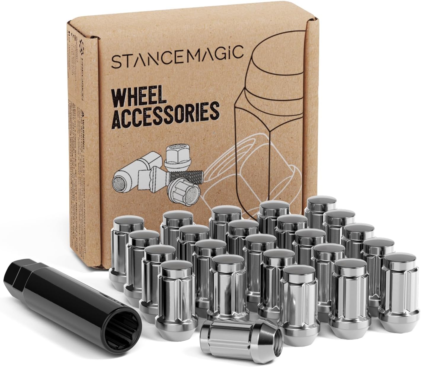 24pcs Chrome Silver Spline Drive Lug Nuts - 1/2x20 Threads - 1.4 inch Length - Closed End - Cone Acorn Taper Seat - Includes 1 Socket Key Tool - Compatible with Dodge Dakota Durango Viper