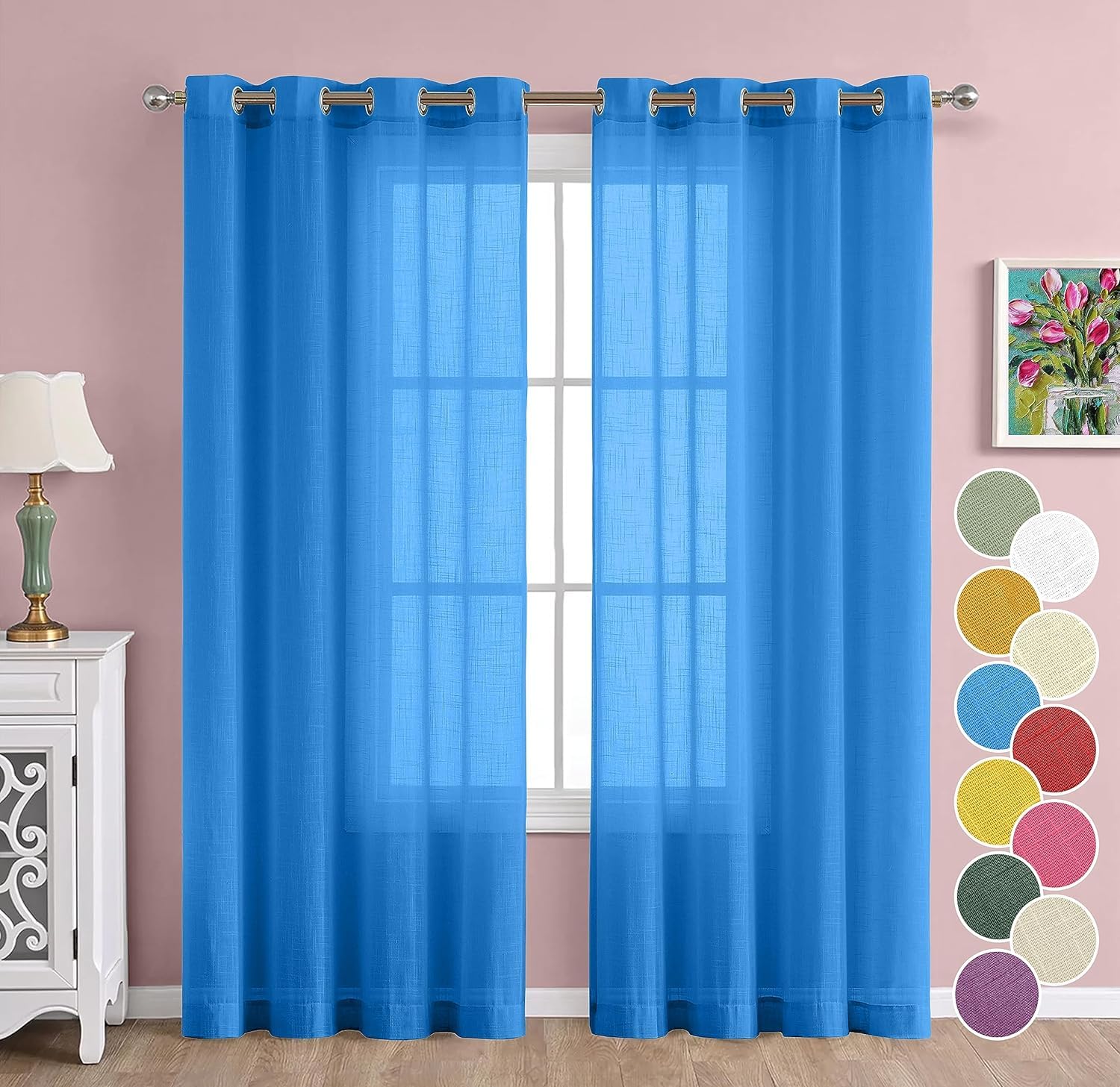 THE LINEN COMPANY Cotton Linen Long Door Curtain Set of 2 Pcs with Steel Eyelet Rings - 4.5 x 10 Feet (Set of 2 - Carolina Blue)