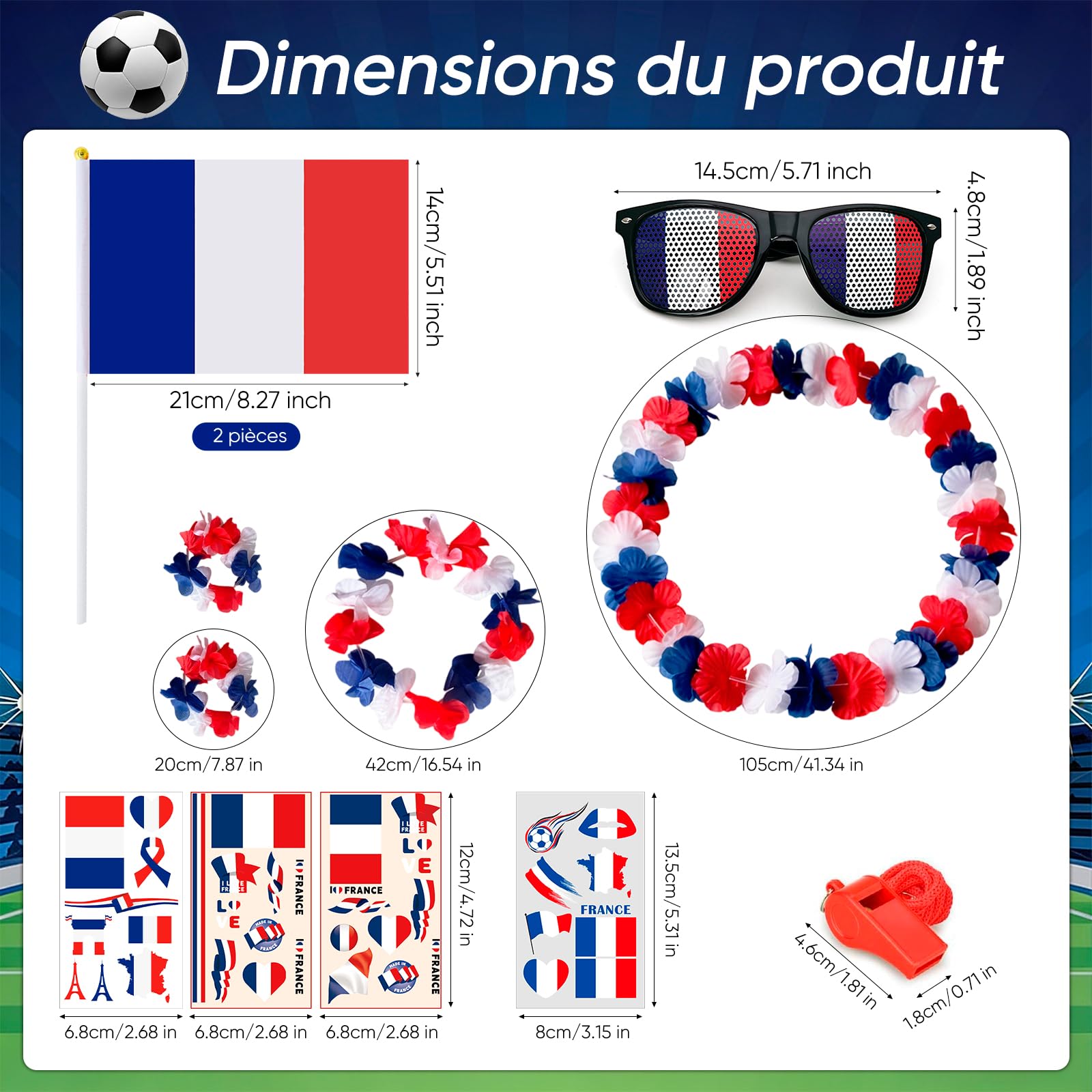 Kit Supporter France pour ﻿Grand Événement Football 2026 - Accessoires Bleu Blanc Rouge avec Lunettes Drapeau, Sifflet, 2 Drapeaux, 4 Stickers et Lei Set - Pack Supporter Equipe de France