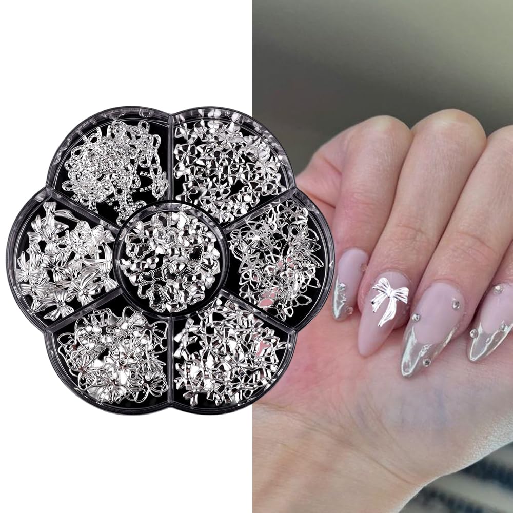 S.A.V.I Silver Alloy Nail Art Charms Set – 7 Designs Bow & Heart Shapes, 8x10mm | 3D Metal Nail Decorations for Women & Girls | Manicure Accessories in Round Storage Box-image-4