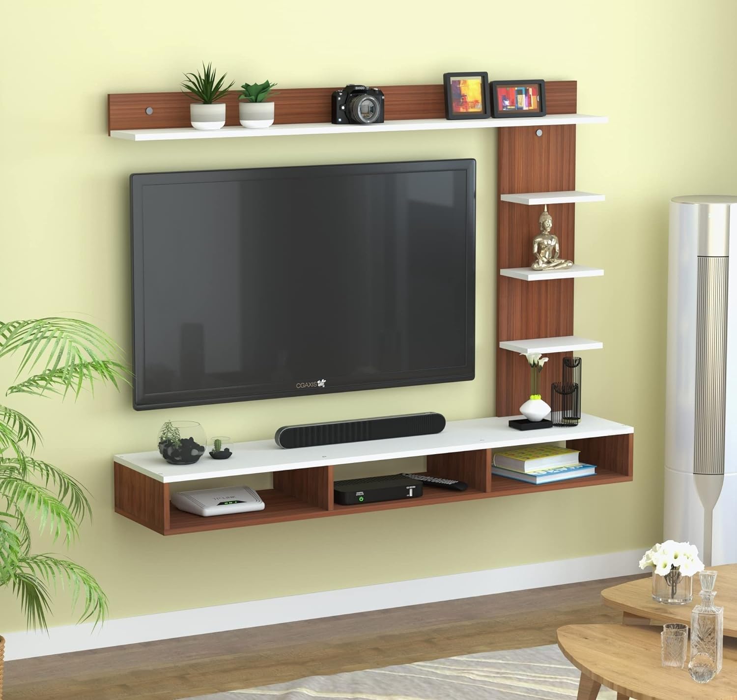 AMBIENCE MINI Wall Mount Engineered Wood TV Entertainment Unit/Tv Rack Set to Box Stand with Wall Shelves for Living Room Classic Walnut & Frosty White Finish (Ideal for up to 43") Screen-image-44