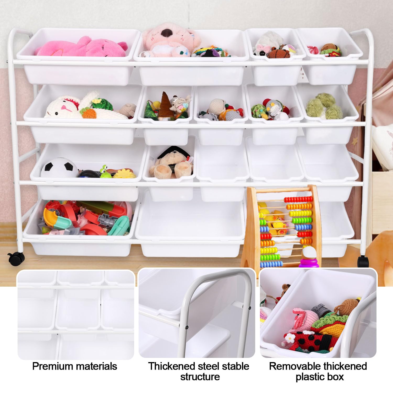 Organizador Almacenamiento Juguetes Niños, Estante Juguetes 4 Niveles con 18 Contenedores Plástico Caja Soporte Estantería Niños Estante Organizador Almacenamiento Muñecas para Guardería