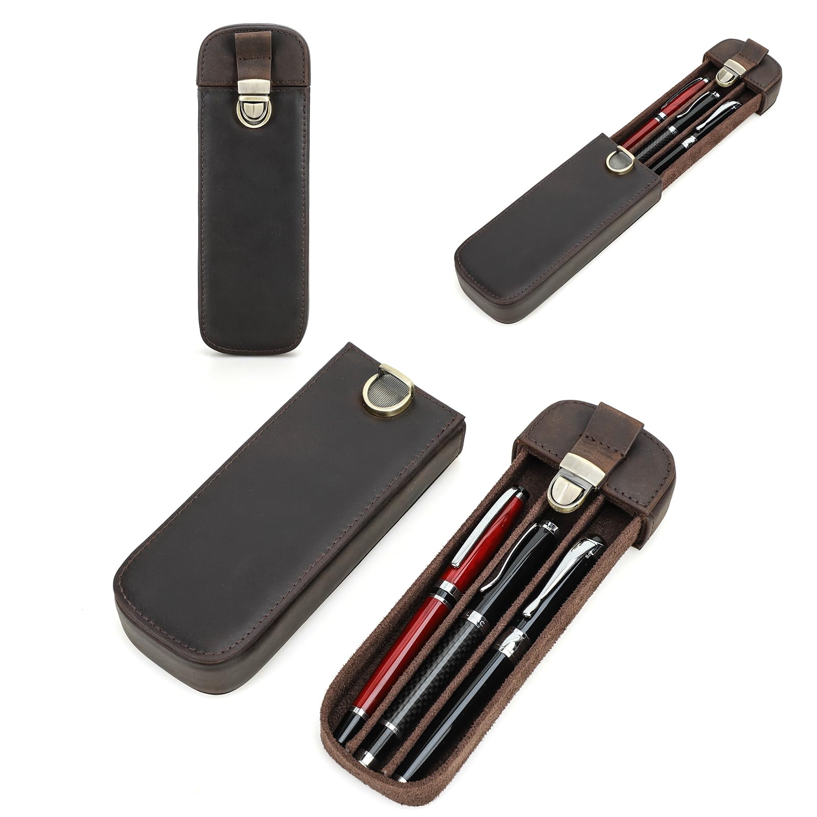 Top‑Grain‑Echtleder Etui für 3 Stifte, minimalistische modische Gestaltung, handgefertigt, Steckverschluss mit Schublade, Geschenk für Männer und Frauen, Bürogebrauch, glänzendes Kaffee, 3 Fächer