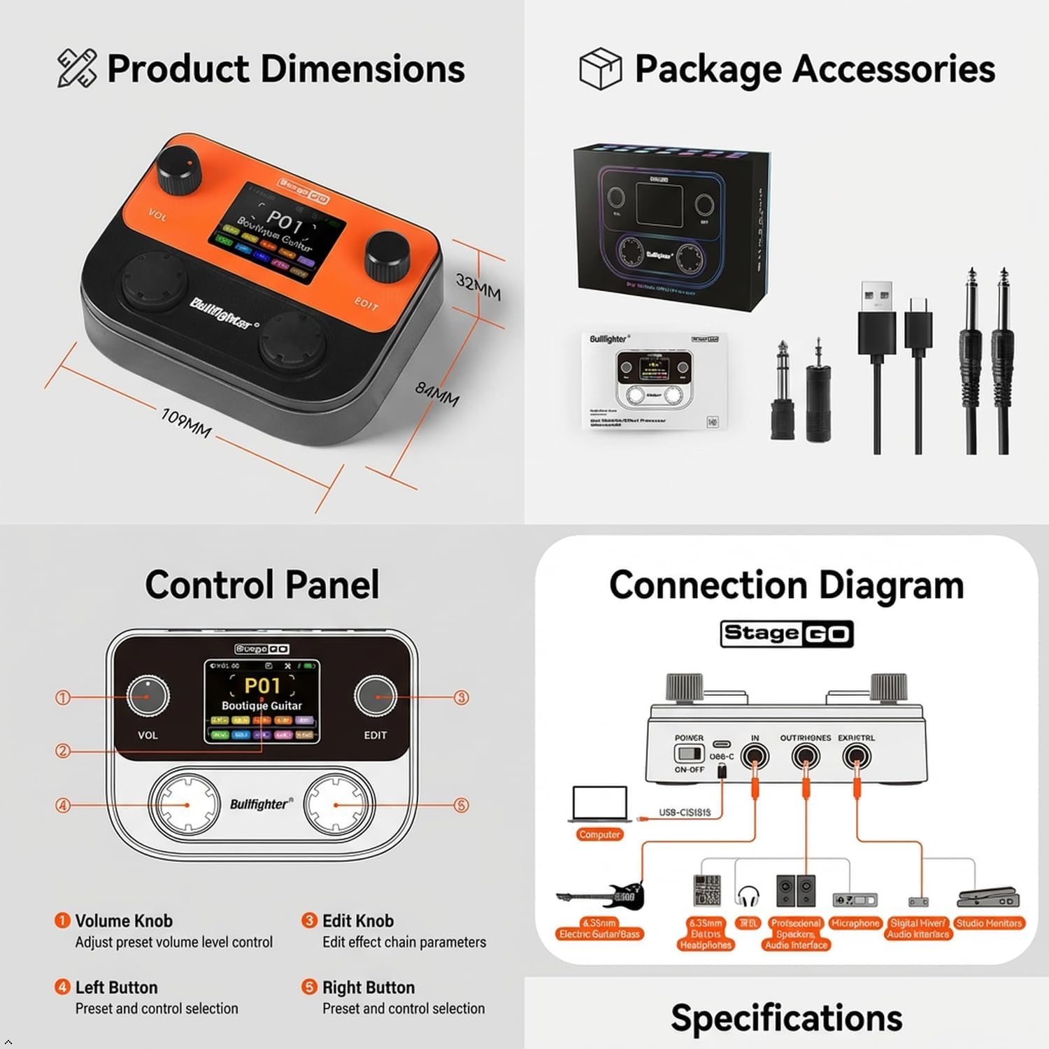 Bullfighter Multi Effects Guitar Pedal Pocket,125 Effects,99 Presets,10 Effect Modules,90s Looper,100 Drum Patterns, 20 IR/NAM Slots,USB Audio/OTG,Rechargeable for Electric Guitar and Bass