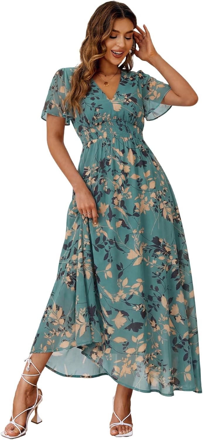 Simplee Womens Boho Floral Maxi Dress Semi Formal Spring Wedding Guest V Neck Short Sleeve Empire Waist Long Summer Dresses (XL Lake Green)