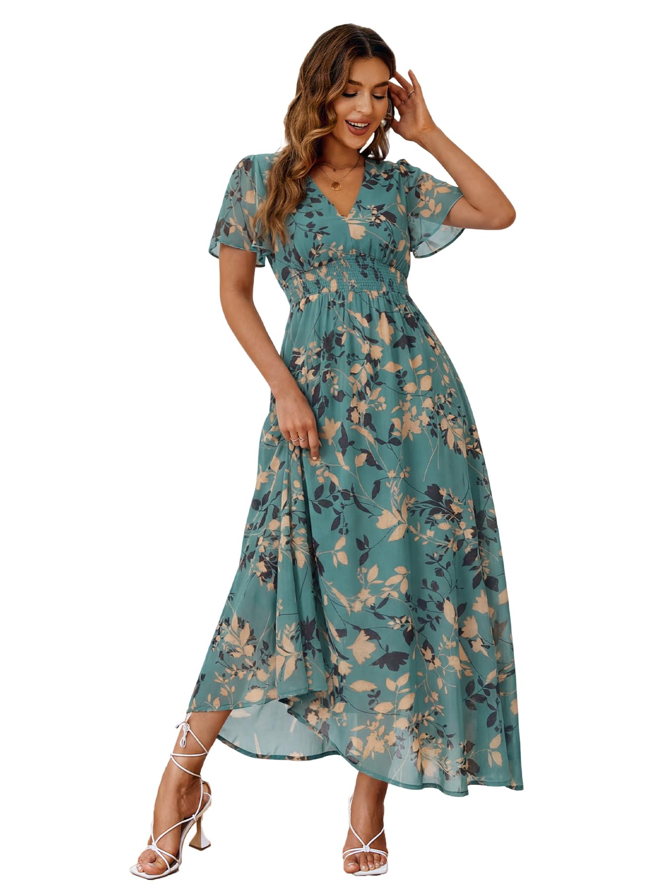 Simplee Women's Boho Floral Maxi Dress Flowy Casual V Neck Short Sleeve Wedding Guest Holiday Beach Long Dress