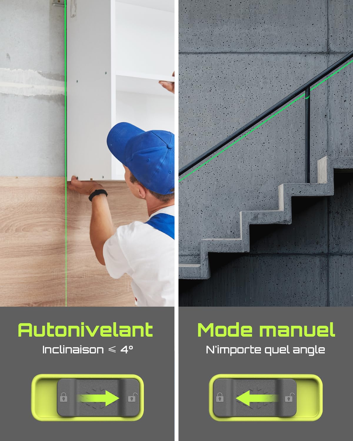 LasGoo LG-4D 16 Faisceau Vert 4x360° Niveau Laser, Auto-Nivelant avec Disposition Horizontale et Verticale, Idéal pour la Construction et la Pose de Cadres, Support Pivotant Magnétique Inclus
