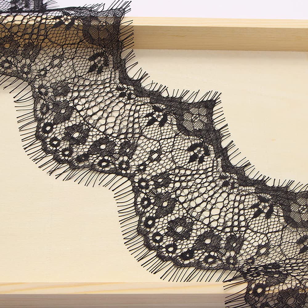 Blausky 6 Yards 9.5 cm Wide Lace Ribbon, Eyelash Lace, Wavy Lace Trim, Vintage Lace Trim, Decoration, Fringe Trim for Sewing, for Crafts, Wedding, Gift Wrapping, Bows, Black