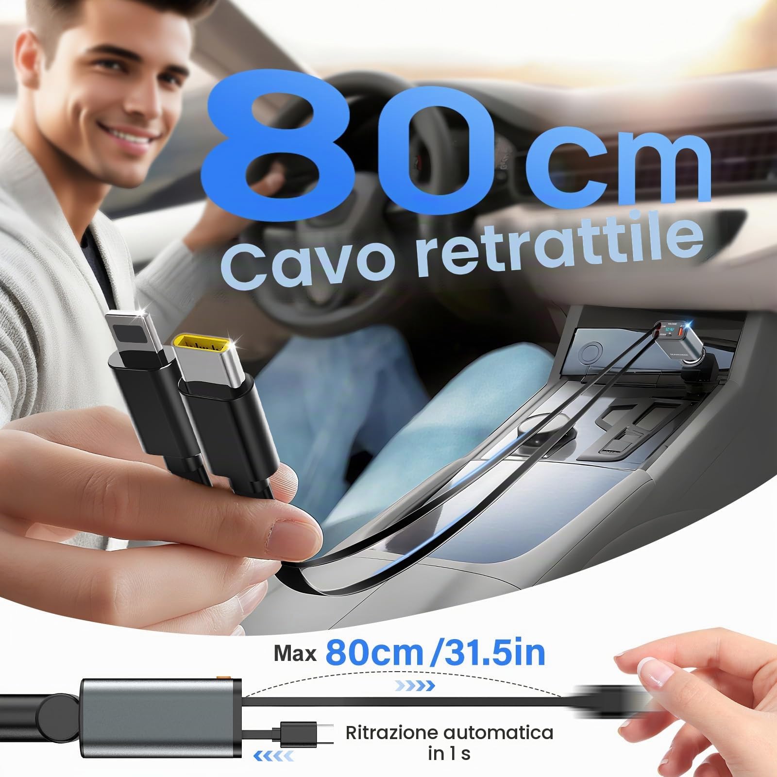 SEANCHEER Adattatore Bluetooth Auto & Accendisigari USBC, 69W Caricatore Auto con 2 Cavi Retrattili, Trasmettitore FM Bluetooth 5.3 (USB-C+Lightning)