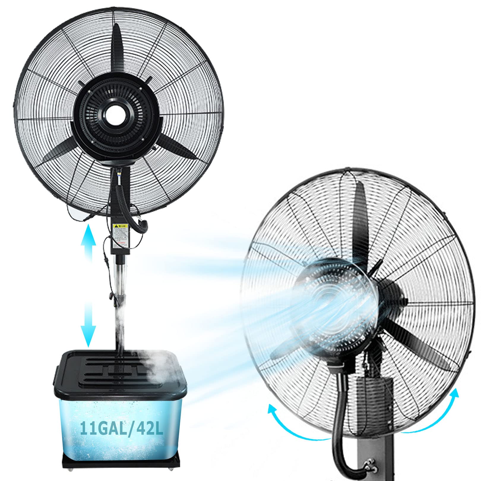 AYCDL Portable Oscillating Misting Fan with 11 Gallon Tank, Height Adjustable Outdoor Industrial Mister Oscillating Pedestal Fan, 3 Power Settings,81cm/31.9in
