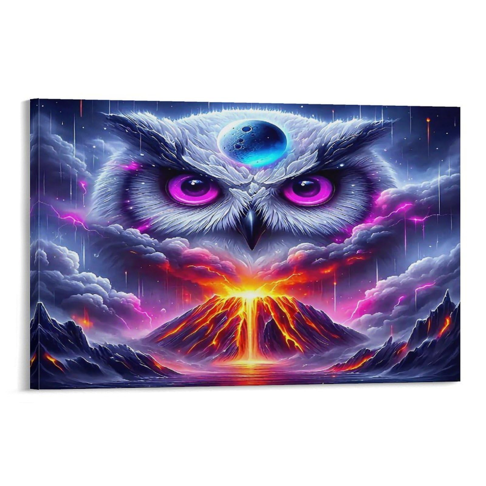 CPLVKWRQJ Snowy Owl in Winter Wonderland Single Mystic Owl Volcano Glowing Purple Clouds Canvas Print - Office Wall Focal Art Fade Resistant Statement Piece Ready to Hang 12x18inch(30x45cm)