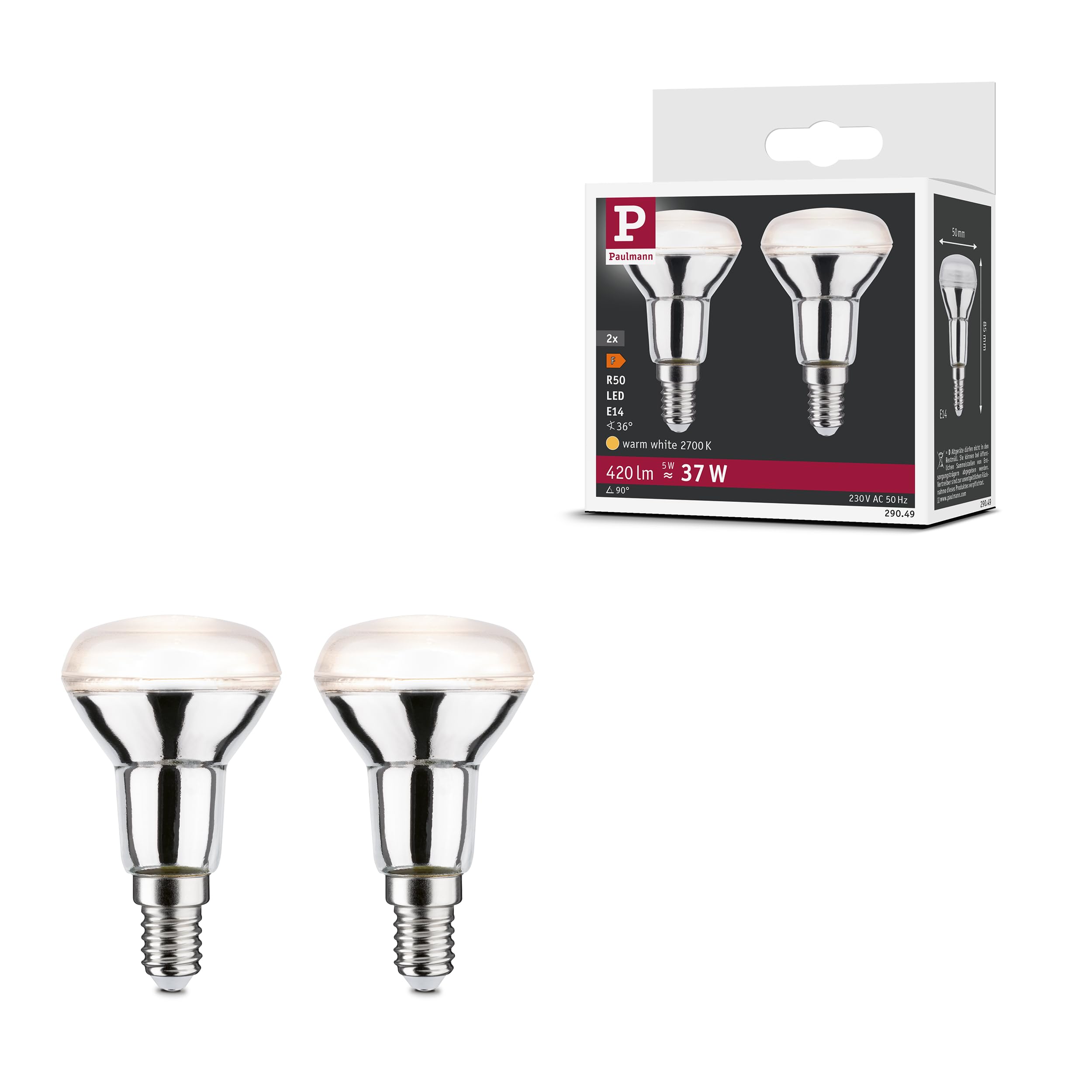 Paulmann 29049 Standard 230V LED Reflector R50 230V 2-piece Set 2x5W 2x420lm Silver Glass 2700K – Warm White E14