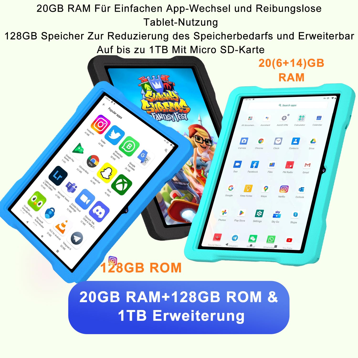 2026 Neueste Kinder Tablet 10 Zoll Android mit 5G WiFi 6, 20 GB RAM+128GB ROM(TF 2TB),Kindersicherung, 6000mAh, BT 5.0,Octa-Core, Widevine L1, 1280*800,GMS Certified Kids Tablet mit Eva Case-Blue