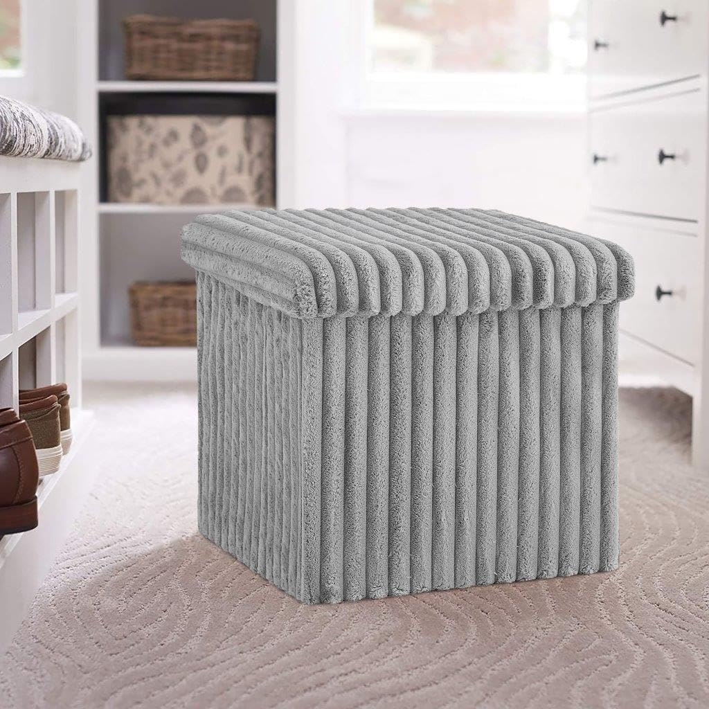 Artistic Fashionista Limited Ottoman Ribbed Storage Box Folding Footstool Rest Seat Storage Stool Toys Chest Bench Blanket Linen Laundry Box (Grey, 38x38cm)