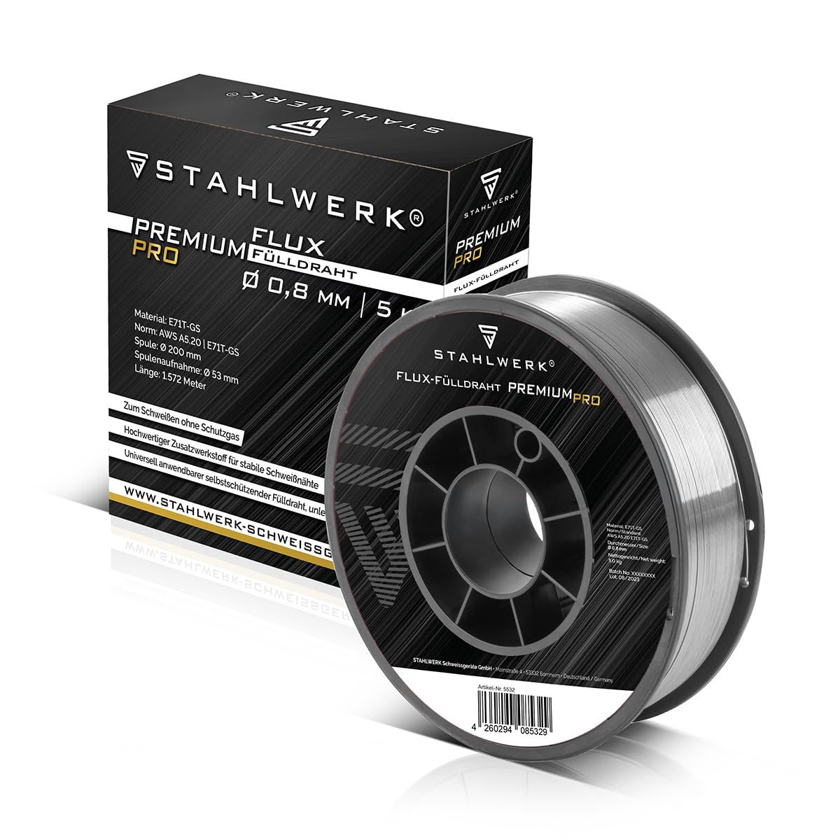 STAHLWERK FLUX Fil fourré - E71T-​GS 0,​8 mm, bobine de fil de 5 kg D200, bobine de fil pour mandrin de 50 mm, fil de soudage premium, matériau d'apport, fil de soudage universel, fil fourré électrode