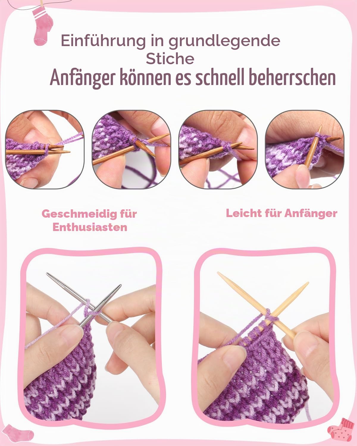 Reessy Strickset für Anfänger und Erwachsene, 4-teiliges Socken-Strick-Starter-Set für Erwachsene, die das Stricken lernen, inklusive Schritt-für-Schritt-Anleitung (evtl. nicht in deutscher Sprache