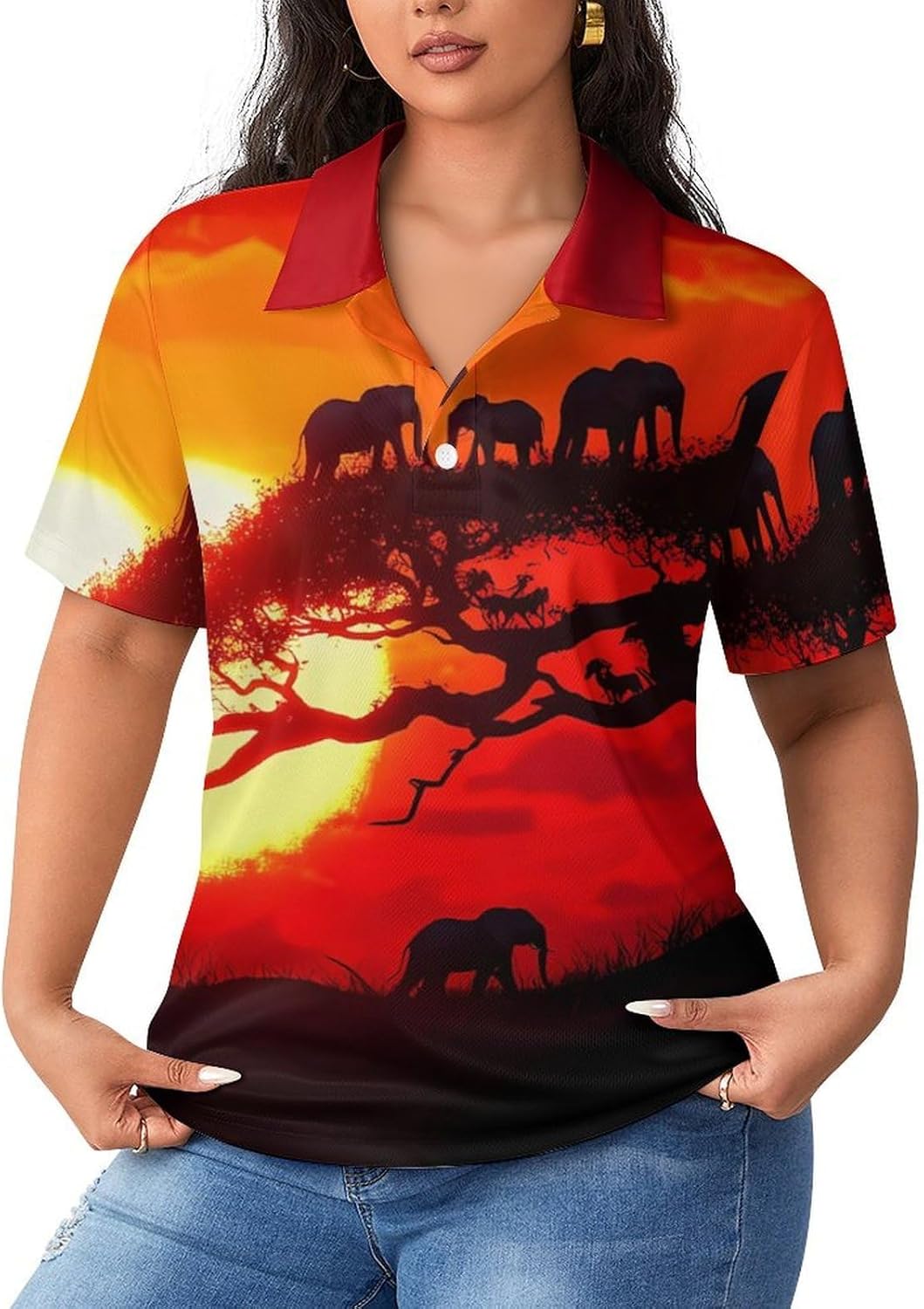 Funny Elephants Sunset Women's Golf Polo Shirts Short Sleeve Quick Dry Tennis Tops Casual Work Blouses