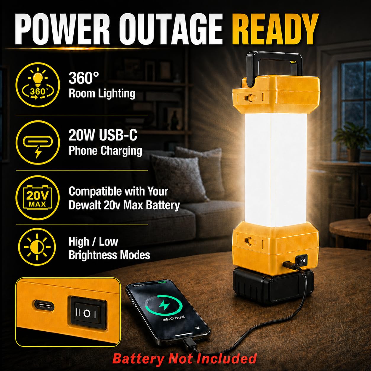 Lampa robocza LED do DEWALT 18 V 20 V, bezprzewodowe światła z wyjściem USB, przenośne światło robocze 1500 lm, przenośne światło kempingowe, światła turystyczne (bez baterii)