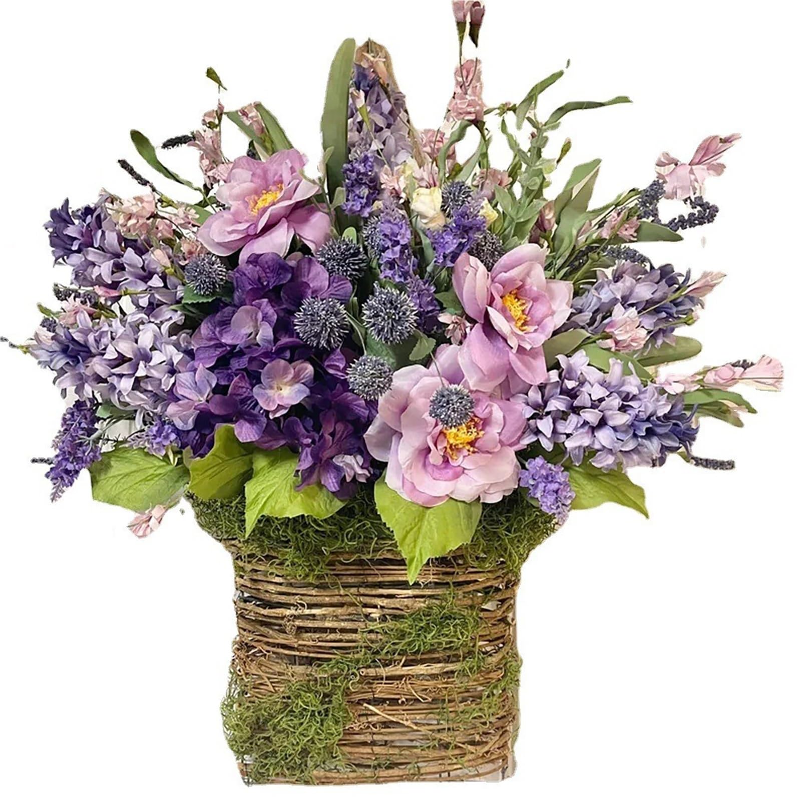 Door Wreath Lavender Wreaths For Front Door Decor Spring Wreath Farmhouse Hanging Artificial Flower Baskets Garland(Color-2)