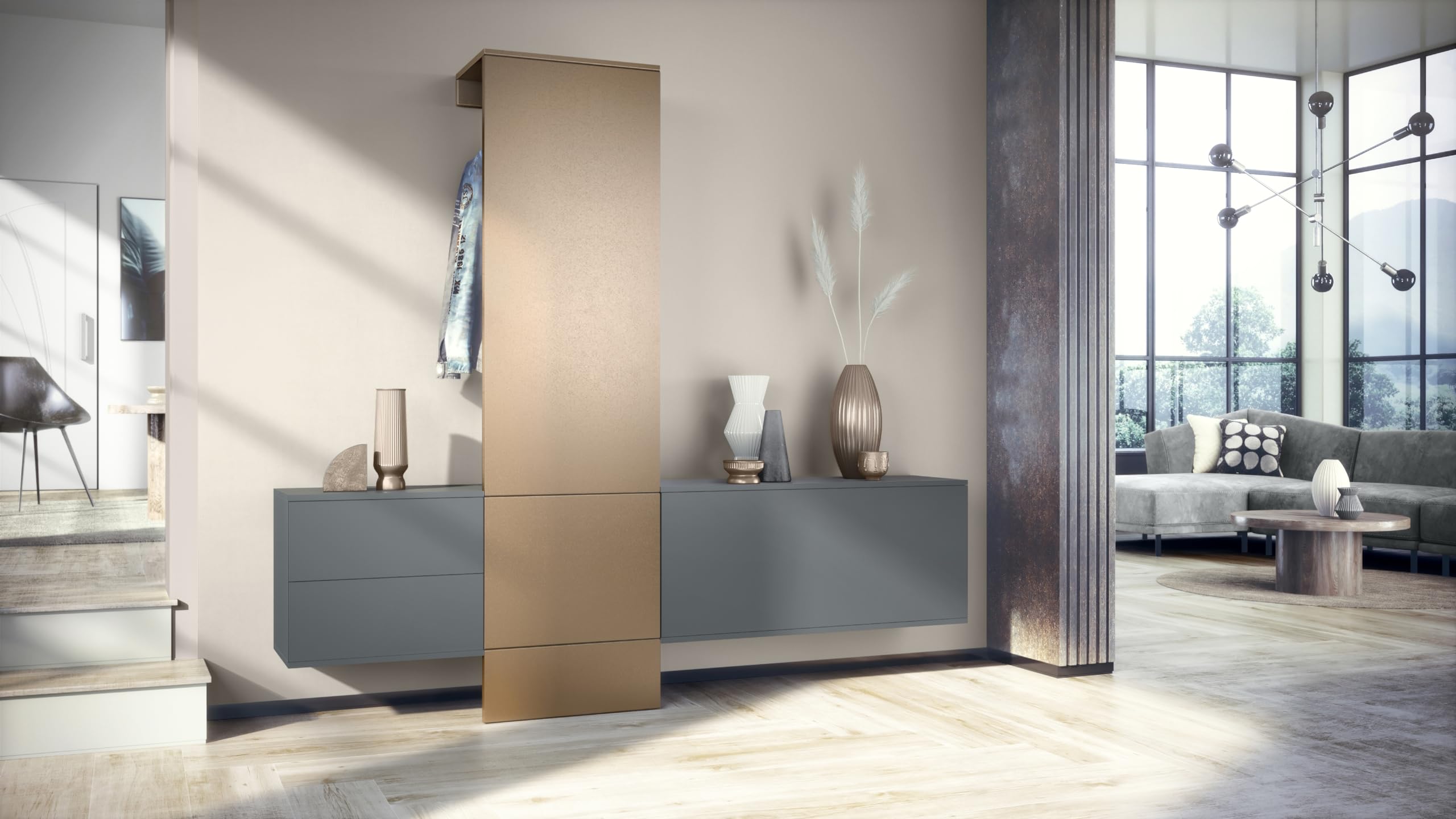 Vladon Garderobe Carlton Set 1, Made in Germany, Flur-Garderobe aus Deko-paneel, Schubladen-Kommode & Schuhschrank, Anthrazit matt/Bronze Optik (209 x 193 x 35 cm)