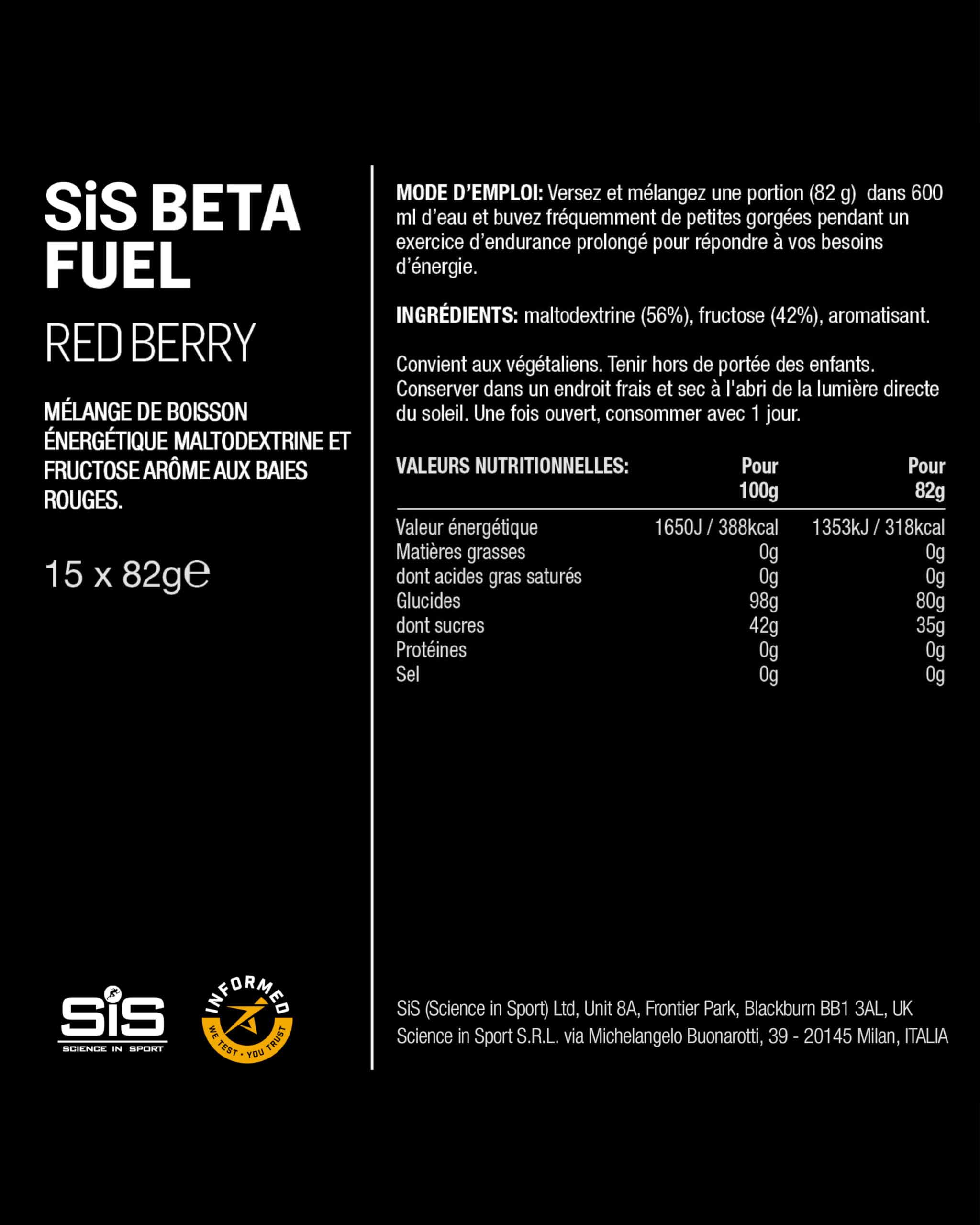 Science in Sport BETA Fuel 80 Poudre Boisson Énergisante 15 x 82g Fruits rouges - Poudre de boisson isotonique avec 80g de glucides, source e d’énergie pour sportifs d’endurance