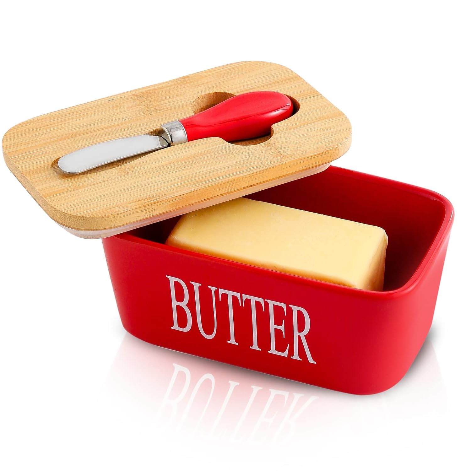 L'eanourz® Ceramic Butter Dish with Bamboo Lid and Stainless Steel Knife – Large Airtight Butter Container for Countertop & Fridge – Modern Kitchen Decor (Red)
