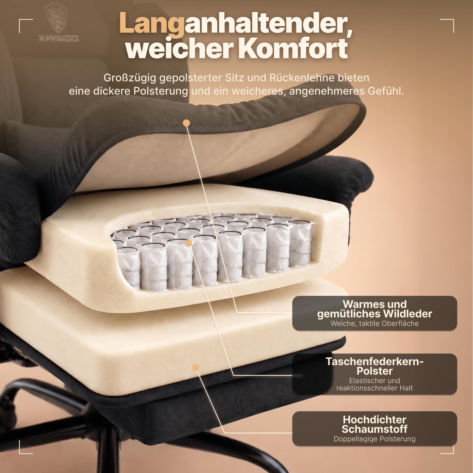 Dowinx Ergonomischer Bürostuhl aus Wildleder-Optik mit Federkern-Sitzpolster, höhenverstellbaren gepolsterten Arm- und Kopfstützen, Liegefunktion und ausklappbarer Fußstütze,Schwarz