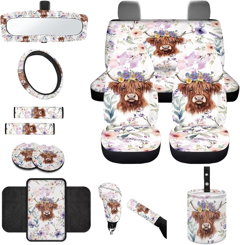 Kit de Capas e Acessórios Internos para Carro Wanyint Highland Cow Flower Violet com 14 Peças