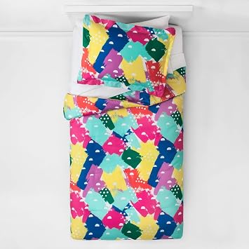 Pillowfort 2 Pieces Abstract Microfiber Brush-On Brights Comforter Set, Twin, Pink Yellow Orange Blue Green