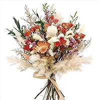 Fymlhomi 17" Natural Dried Flower Bouquet with Roses, Bunny Tails & Chrysanthemum - Rustic Boho Vase Decor for Fall Home, Weddings & Gifts