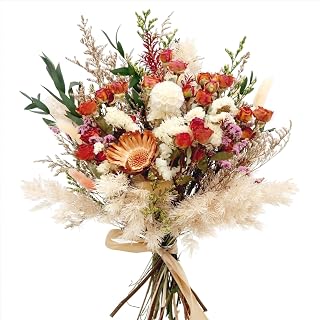 Fymlhomi 17" Natural Dried Flower Bouquet with Roses, Bunny Tails & Chrysanthemum - Rustic Boho Vase Decor for Fall Home, Weddings & Gifts