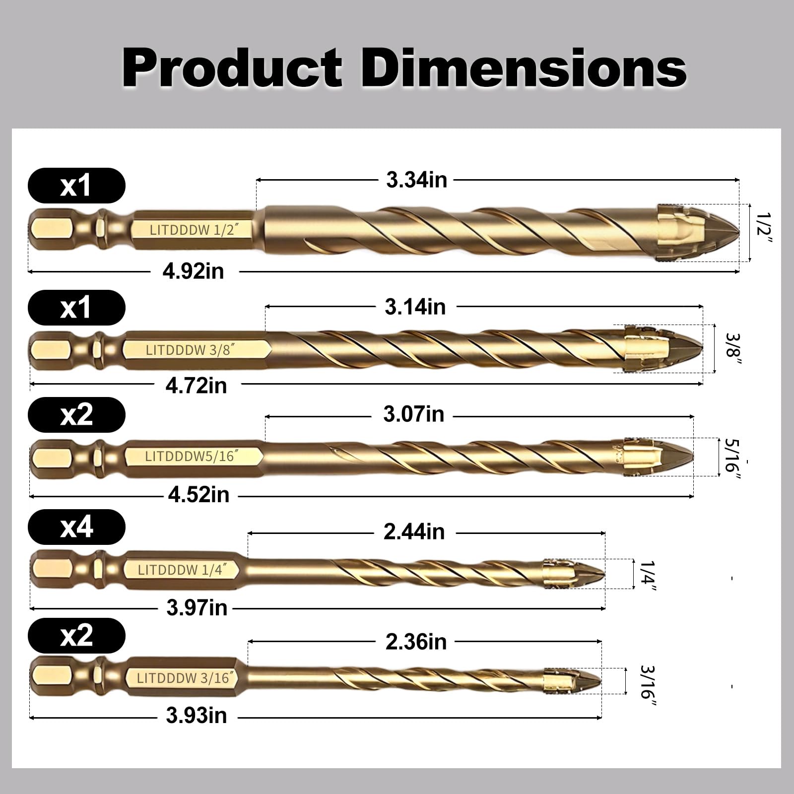 Set di 10 punte per trapano per muratura, con codolo esagonale, 4 lame seghettate in carburo eccentrico, per mattoni, plastica, ceramica, piastrelle, legno, marmo, 3/16"-1/2"