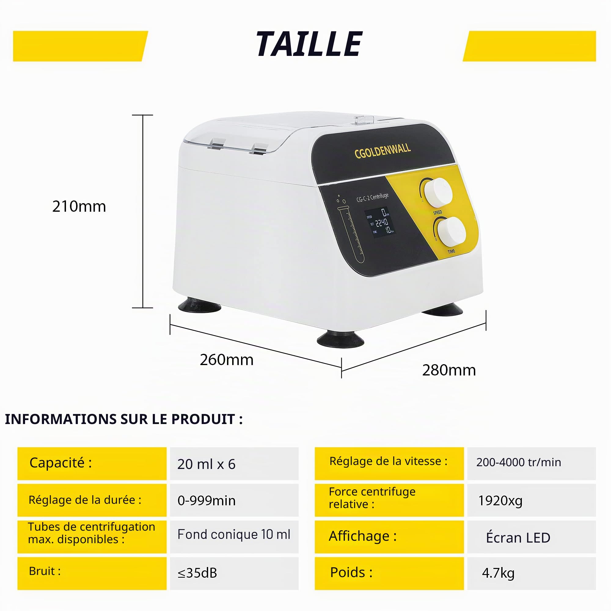 CGOLDENWALL Centrifugeuse de Laboratoire Machine de Centrifugeuse 10ml*6 1920xg avec 4000rpm-999minutes Minuterie 5/8 / 10ml Tubes disponible (Vitesse&Heure Affichage, 6 Trous)