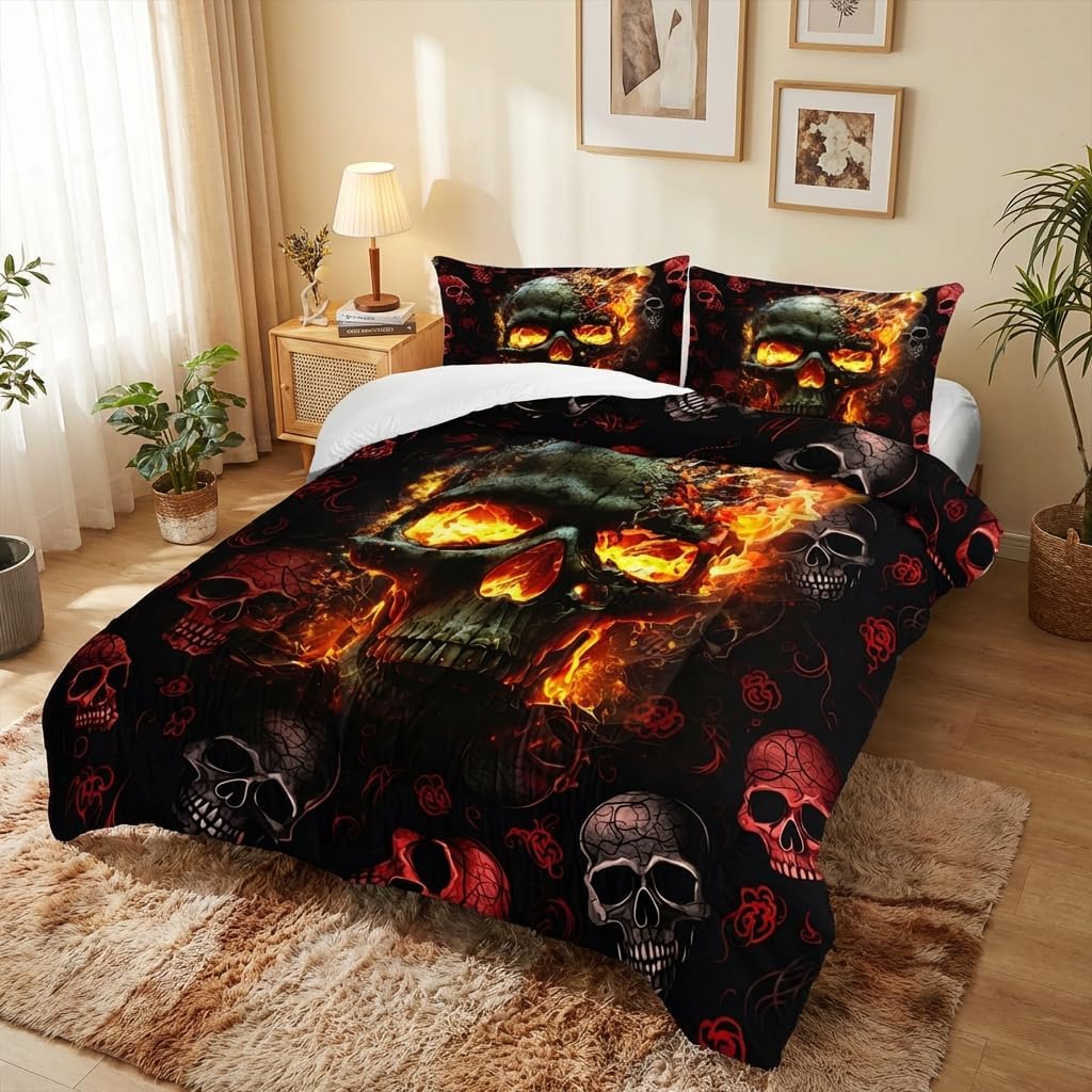 AILONEN Fire Skull Bedding Set Full Size, 3D Skeleton Comforter Set Bedroom Decor Men,Fiery Style Black Tint Soft Breathable Bed in a Bag,3 Pieces,1 Quilt and 2 Pillowcases