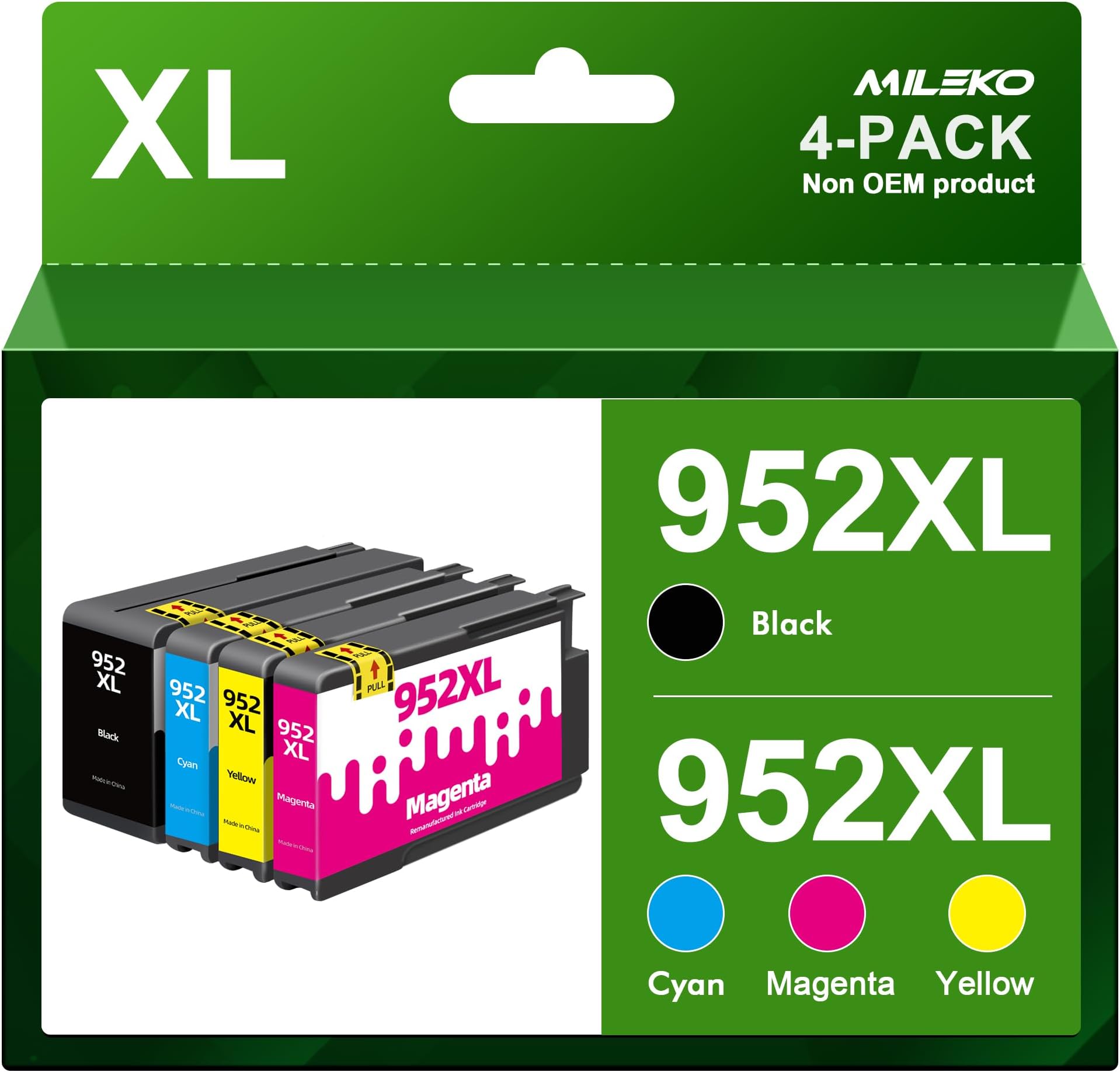 4 Pack 952XL Ink Cartridges Combo Pack High Yield Replacement for HP