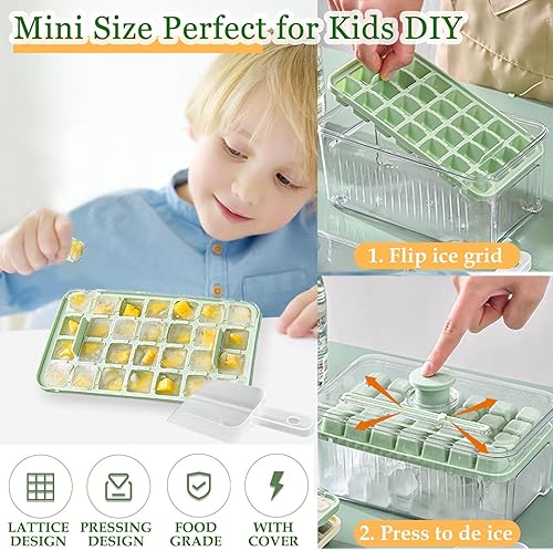 Miniatura 2 de J.Y.Memorize Mini bandejas para cubitos de hielo para congelador, bandeja para cubitos de hielo con tapa y contenedor, paquete de 2 56 moldes