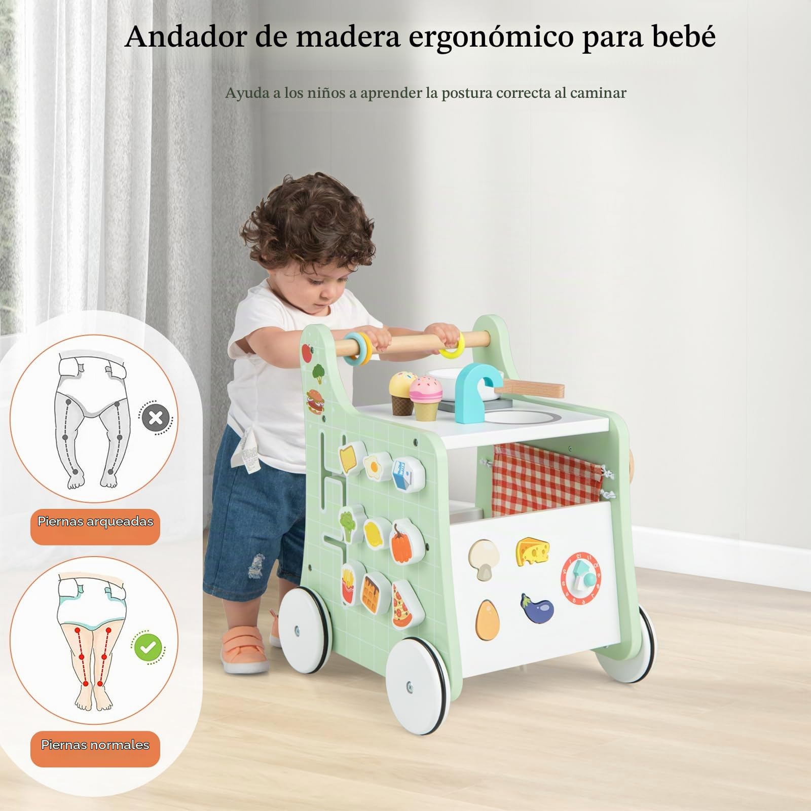 LIFEZEAL Andador para Niños de 1+ Años, Juguete de Cocina para Bebés, Carro de Madera para Empujar con Ruedas Silenciosas, Aprender a Caminar, andador para niño nacido (Verde)