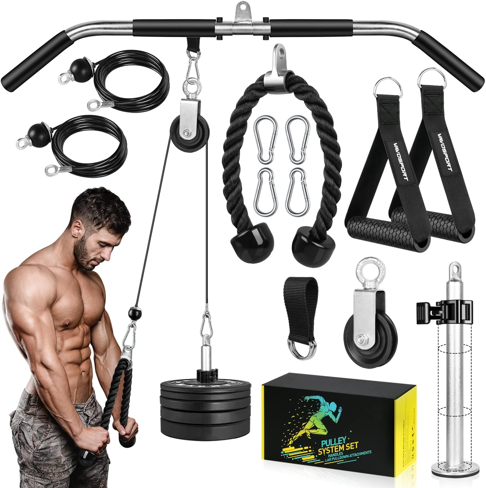 Fitness LAT and Lift Pulley System Gym - Upgraded LAT Pull Down Cable Machine Attachments, Loading Pin, Handle and Tricep Rope, for Biceps Curl, Forearm