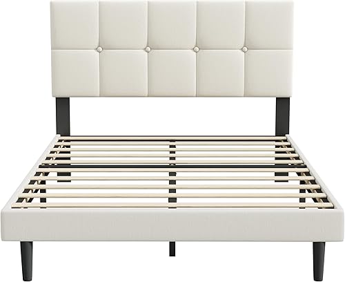 Miniatura 9 de Marco de cama tamaño Queen, marco de cama tapizada tamaño Queen con cabecero, cabecero tapizado, listones de madera resistentes, silencioso, no