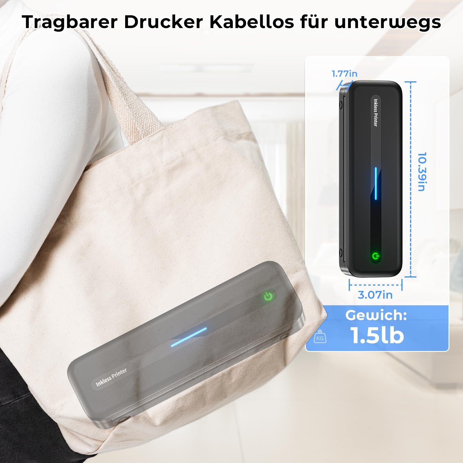 Mobiler Drucker A4 für Unterwegs, Tragbarer Drucker Thermodrucker A4 Wireless Bluetooth Inkless Handy Printer, 300dpi Portable Kompakt Reisedrucker für Android/iOS/Win/Mac Laptop