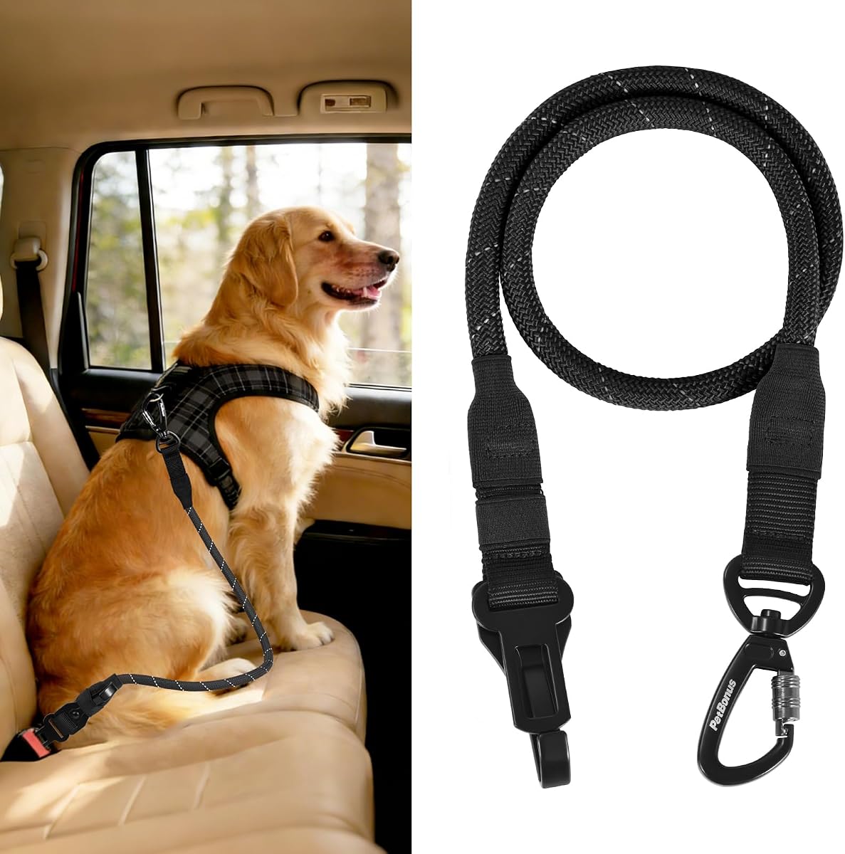 PetBonus Cinturón de seguridad para perro para coche, arnés de coche de cuerda duradera para vehículo | Hebilla resistente, pestillo de gancho, clip bloqueable, sujeción de seguridad para mascotas, para razas pequeñas, medianas y grandes, (negro)
